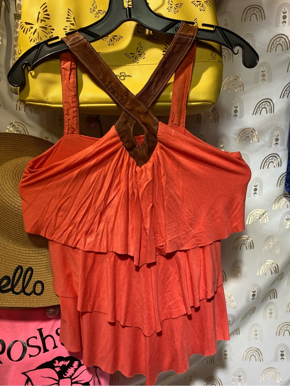 Akiko Coral Orange Tiered Tank with Brown Crossback Straps